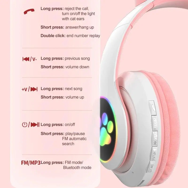 Süße Katzenohren-Bluetooth-Stereo-Kopfhörer mit Blinklicht, Mikrofon, TF-Kartenunterstützung, klappbarem Design, Regenbogen-Audio, MP3-Wiedergabe und Kabeloption – Kabelloses Geburtstagsgeschenk für Kinder, Mädchen
