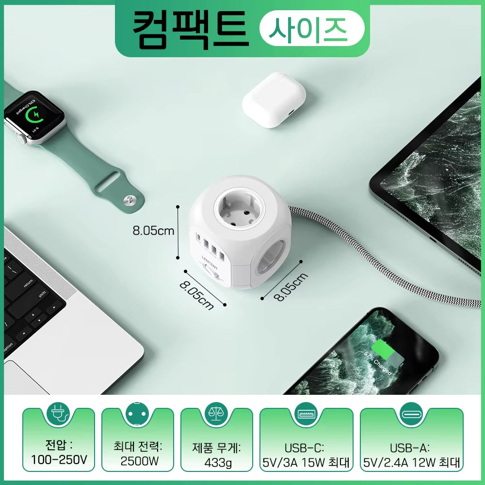 EU Plug Power Strip with 4 AC Outlets 3 USB Port 1 Type C 2M/3M Braided Cable Multi Socket with Switch for Home