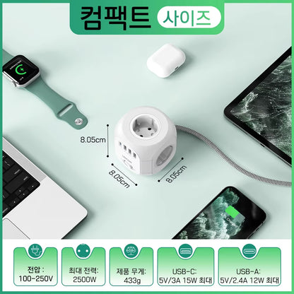 EU Plug Power Strip with 4 AC Outlets 3 USB Port 1 Type C 2M/3M Braided Cable Multi Socket with Switch for Home