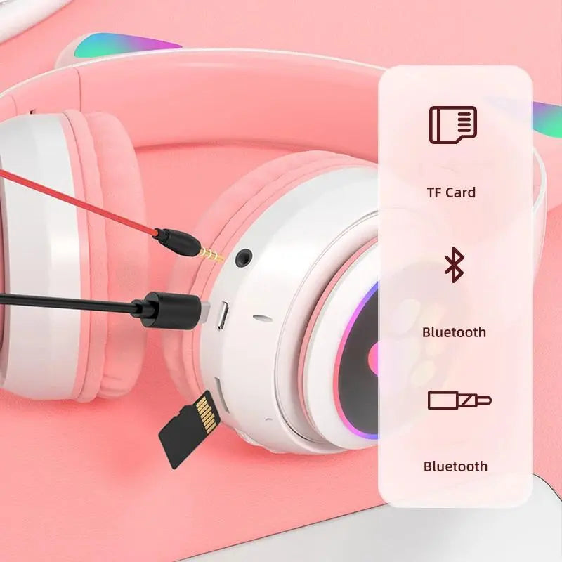 Süße Katzenohren-Bluetooth-Stereo-Kopfhörer mit Blinklicht, Mikrofon, TF-Kartenunterstützung, klappbarem Design, Regenbogen-Audio, MP3-Wiedergabe und Kabeloption – Kabelloses Geburtstagsgeschenk für Kinder, Mädchen