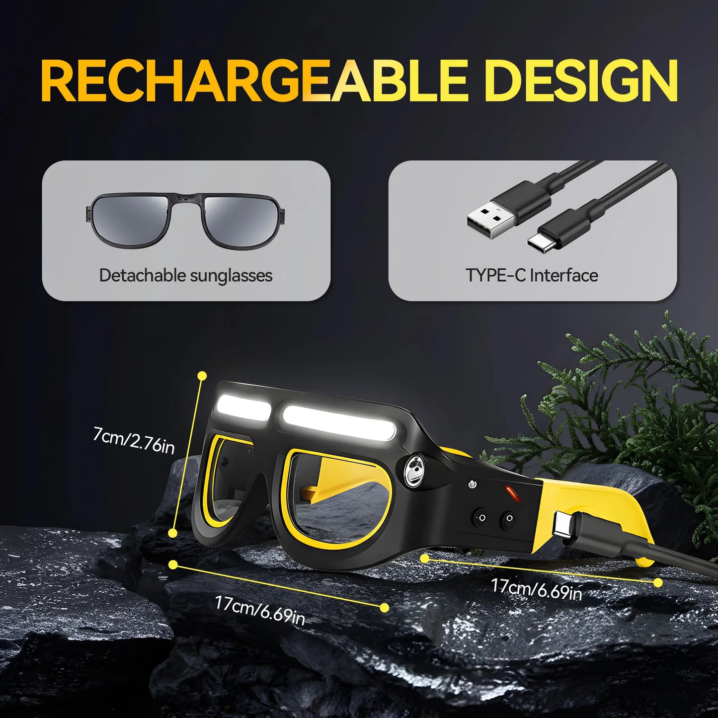 Wiederaufladbare LED-Stirnlampe in Brillenform – Gestensteuerung, 5 Lichtmodi, USB-C. Ideal für Laufen, Camping, Nachtarbeit, Reparaturen und handfreies Arbeiten.