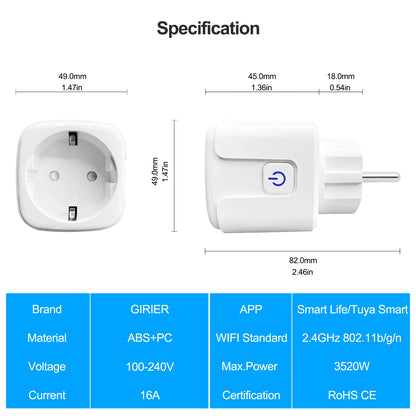 16A EU Smart Wifi Power Plug with Power Monitor Smart Home Wifi Wireless Socket Outlet Works with Alexa Google Home Tuya App