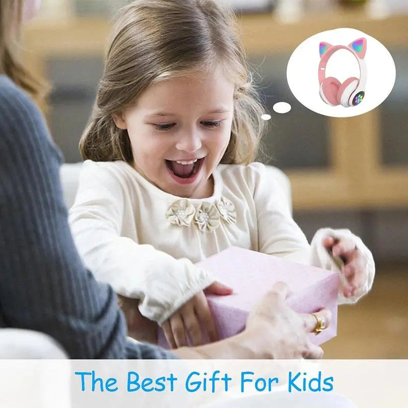 Süße Katzenohren-Bluetooth-Stereo-Kopfhörer mit Blinklicht, Mikrofon, TF-Kartenunterstützung, klappbarem Design, Regenbogen-Audio, MP3-Wiedergabe und Kabeloption – Kabelloses Geburtstagsgeschenk für Kinder, Mädchen