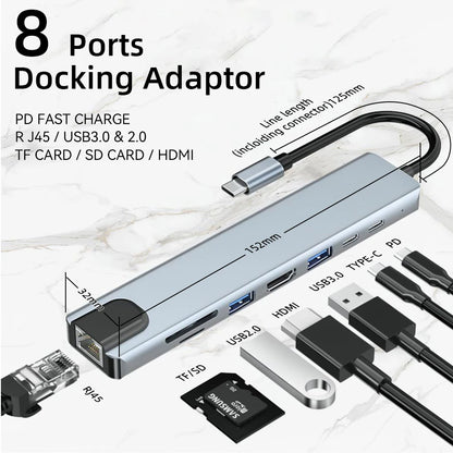 USB C HUB with 4K HDMI 100W PD USB C Port USB 3.0 RJ45 Ethernet SD/TF Card Reader Docking Station 4/5/6/8 Ports USB C Adapter
