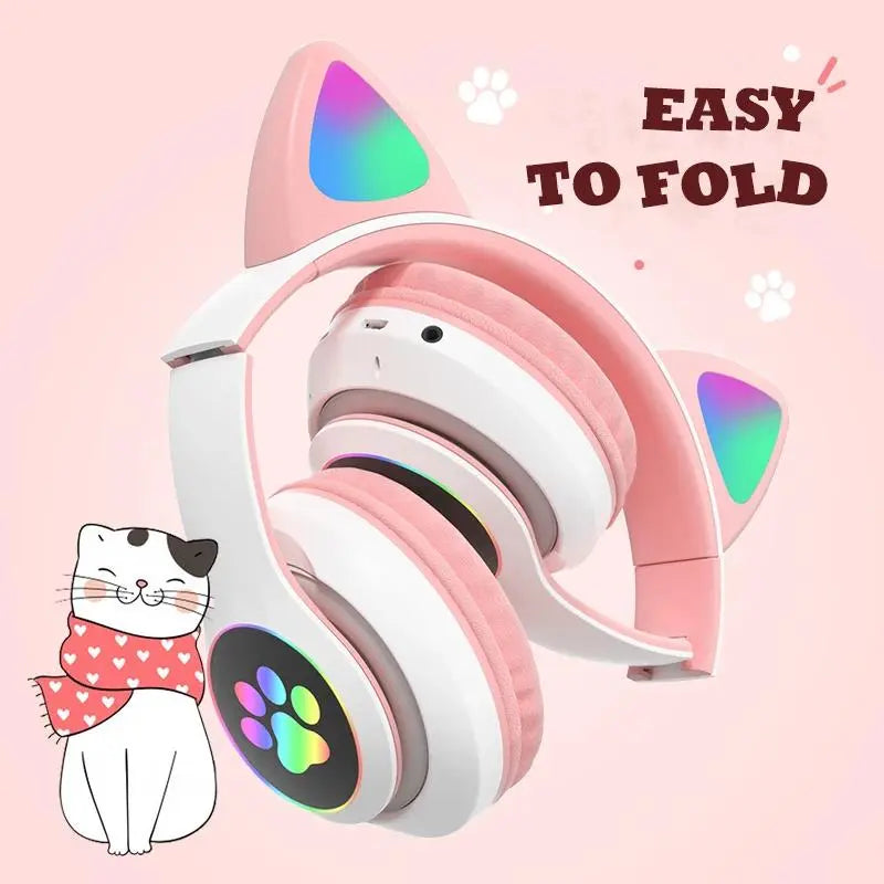 Süße Katzenohren-Bluetooth-Stereo-Kopfhörer mit Blinklicht, Mikrofon, TF-Kartenunterstützung, klappbarem Design, Regenbogen-Audio, MP3-Wiedergabe und Kabeloption – Kabelloses Geburtstagsgeschenk für Kinder, Mädchen