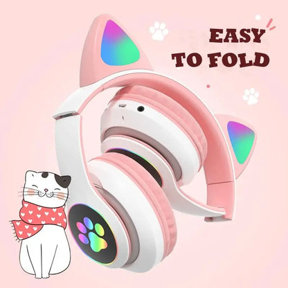 Süße Katzenohren-Bluetooth-Stereo-Kopfhörer mit Blinklicht, Mikrofon, TF-Kartenunterstützung, klappbarem Design, Regenbogen-Audio, MP3-Wiedergabe und Kabeloption – Kabelloses Geburtstagsgeschenk für Kinder, Mädchen